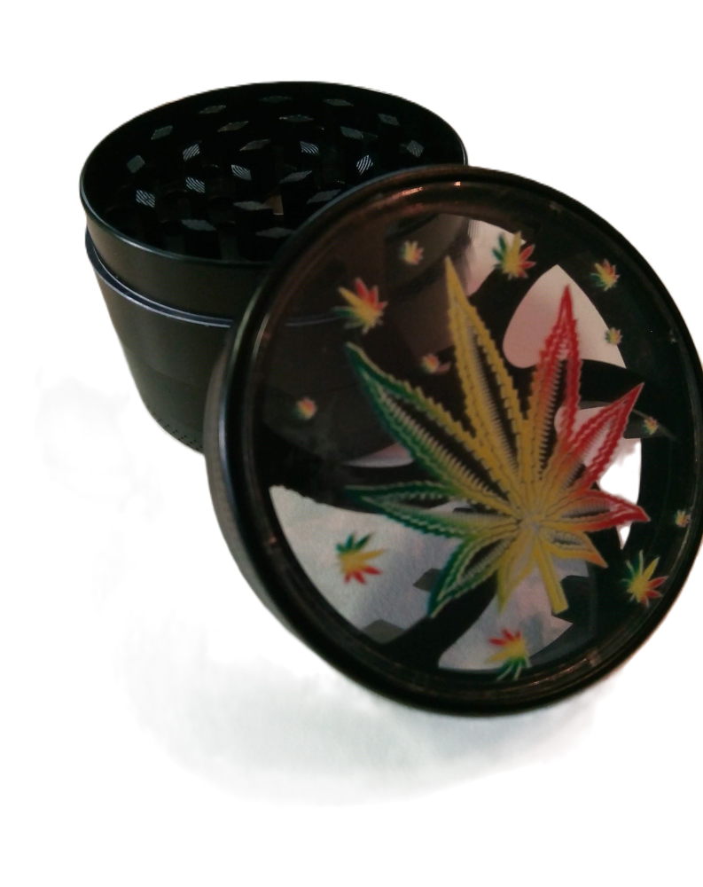 Preview: Metall Grinder WINDOW RASTA LEAF Aluminium ca. Ø 50mm 4tlg schwarz